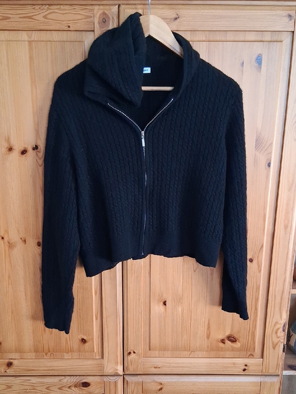 The Cashmere Project Black Fine Cable Knit Zip Up  Cropped Hoodie Sweater Size L